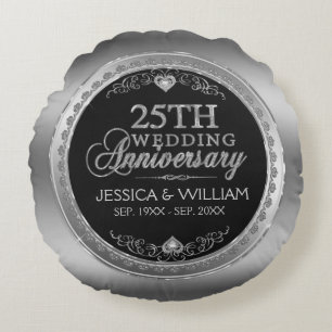 Coussins Ronds 25e anniversaire du Mariage noir et argent