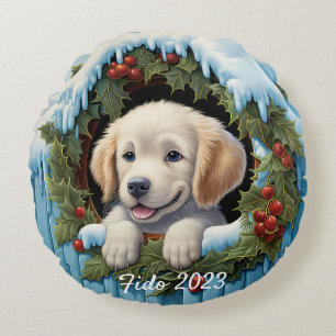 Coussins Ronds 3D Golder Retriever Puppy Christ Wreath