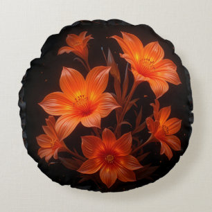 Coussins Ronds 3d néon brûlé fleurs orange sur arrière - plan noi