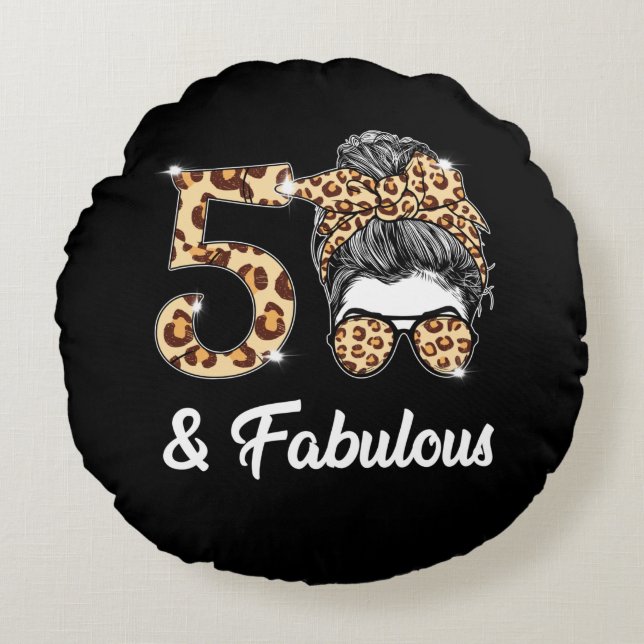 Coussins Ronds 50 ans Fabuleux Messy Bun Leopard 50e naissance (Devant)