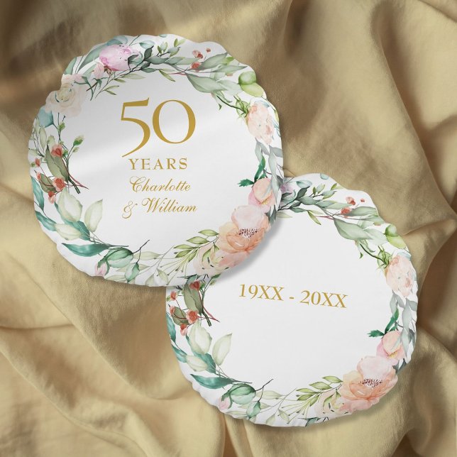Coussins Ronds 50e anniversaire Mariage d'or Garland Rose (50th Golden Wedding Anniversary Roses Garland Round Pillow)