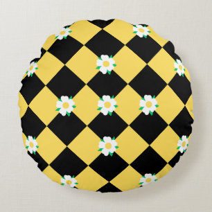 Coussins Ronds à damiers fleurs jaune blanc et noir