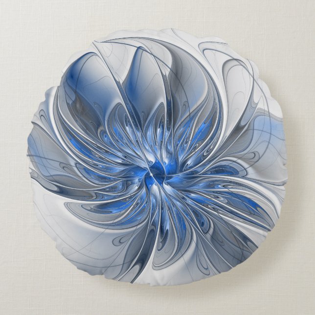 Coussins Ronds Abstract Blue Gray Watercolor Fractal Art Flower (Devant)