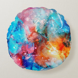 Coussins Ronds Abstract hand-made texture. Marbling blue and oran