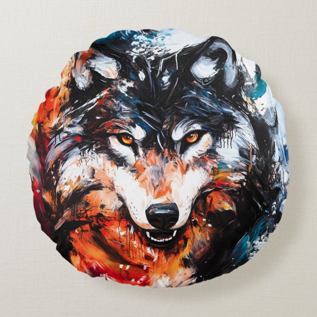 Coussins Ronds Abstract Wild Spirit Wolf (Devant)