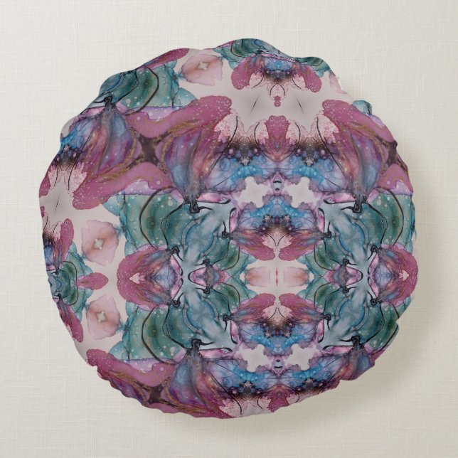 Coussins Ronds Abstrait bleu rose et vert Floral (Dos)