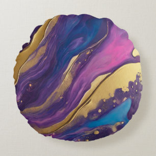 Coussins Ronds Abstrait-flux Art-bleu rose violet et or-