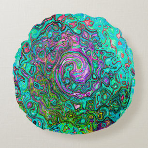 Coussins Ronds Abstrait Rétro Liquide Tourbillon Groovy Aigue-Mar