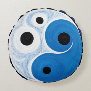 Coussins Ronds Abstrait Yin Yang : Moderniste Bleu & Blanc