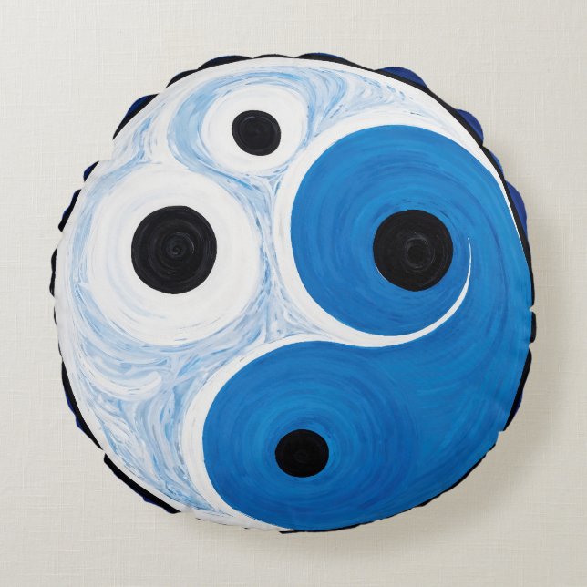 Coussins Ronds Abstrait Yin Yang : Moderniste Bleu & Blanc (Devant)