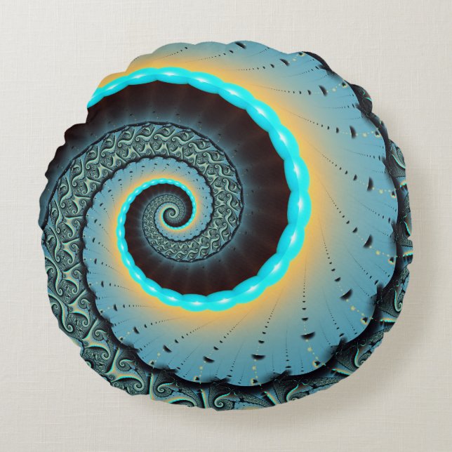 Coussins Ronds Abstraite spirale d'art fractal bleu turquoise ora (Devant)