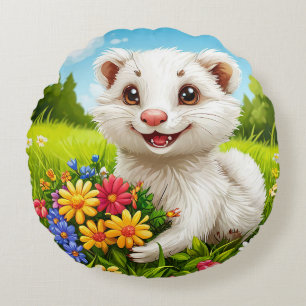 Coussins Ronds Adorable, caricature furet blanc