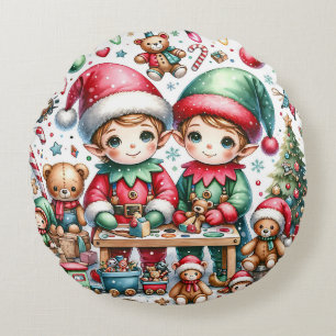 Coussins Ronds Adorable elfes de Noël dans leur boutique de jouet