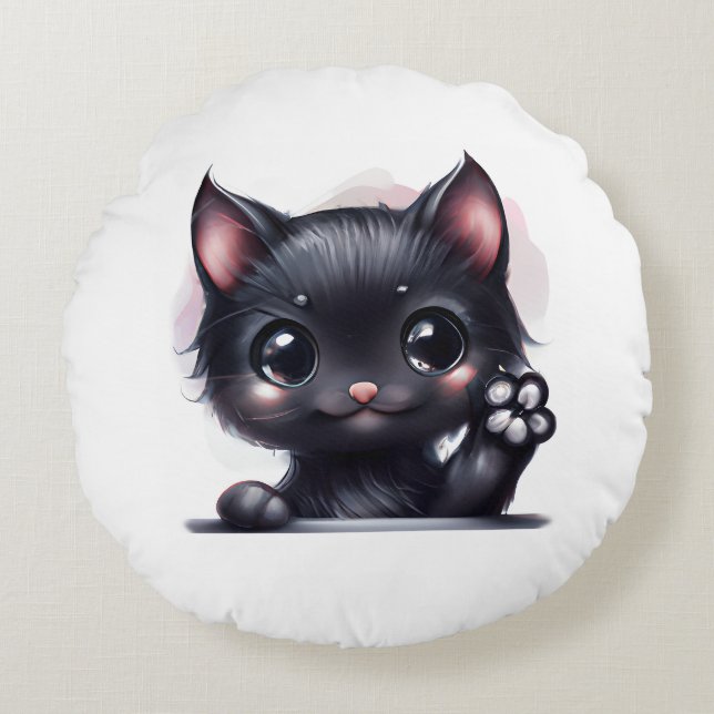 Coussins Ronds Adorable Kawaii Chat noir (Devant)
