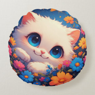 Coussins Ronds Adorable petit chaton blanc aux yeux bleus brillan