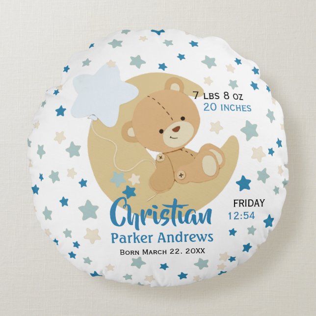 Coussins Ronds Adorable Teddy Bear Baby Boy Stats de naissance (Devant)