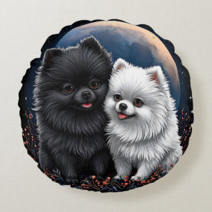 Coussins Ronds Adorables chiots Pomeranian noir et blanc