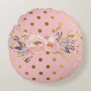 Coussins Ronds Adorables Faux Points de Pois en Or Fleurs
