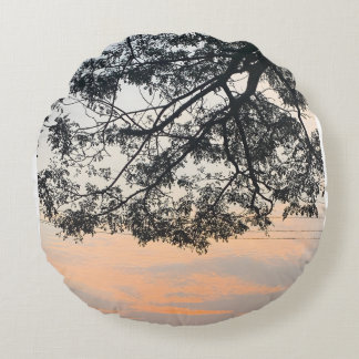 Coussins Ronds Aesthetic Tree Silhouette Against Pastel Sunset Sk