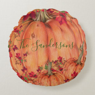 Coussins Ronds Affaire Leaves de Rustic Wood Autumn Orange Pumkin