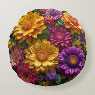 Coussins Ronds Affichage vibrant de fleurs jaunes et violettes