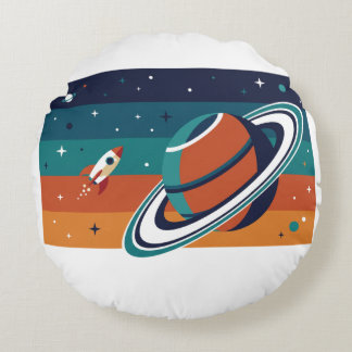 Coussins Ronds Affiche rétro de voyage spatial Planète annelée