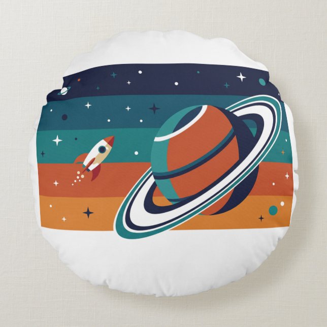 Coussins Ronds Affiche rétro de voyage spatial Planète annelée (Devant)