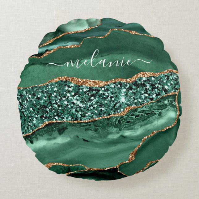 Coussins Ronds Agate Green Gold Parties scintillant Geode Marbre  (Devant)