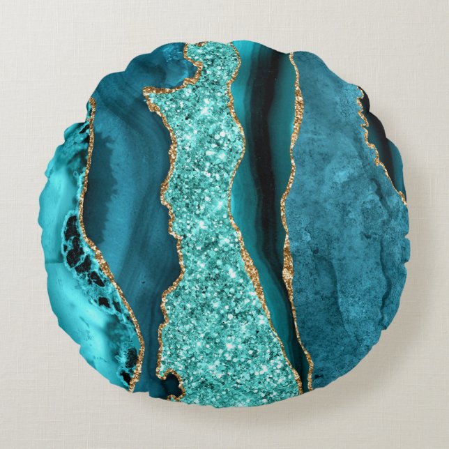 Coussins Ronds Agate Turquoise Blue Gold Aqua Turquoise Round Cou (Devant)