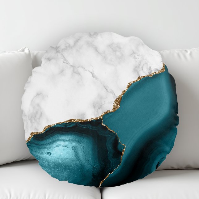 Coussins Ronds Agate Turquoise dorée Marbre blanc (Créateur téléchargé)