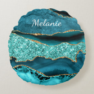 Coussins Ronds Agate Turquoise Gold Parties scintillant Aqua Nom 