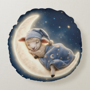 Coussins Ronds Agneau bébé dormant sur un croissant de lune