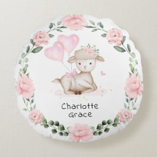 Coussins Ronds Agneau de printemps rose Floral Wreath Baby Girl N