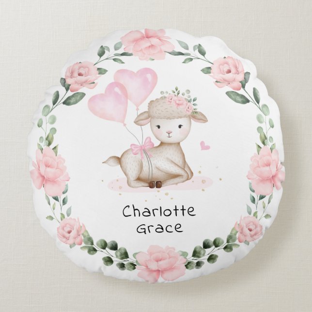 Coussins Ronds Agneau de printemps rose Floral Wreath Baby Girl N (Devant)