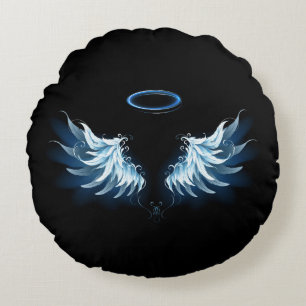 Coussins Ronds Ailes d'ange lumineuses bleues sur fond noir