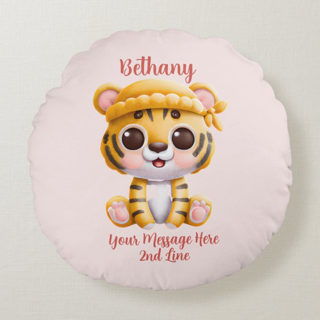 Coussins Ronds Ajouter du texte de nom, bébé tigre avec chapeau s (Devant)