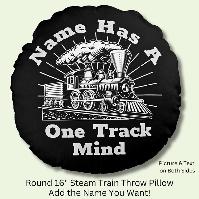 Coussins Ronds Ajouter le nom Modifier le texte, a une voie Miniè (Mans Funny Steam Train Round Pillow - Add Your Name.)