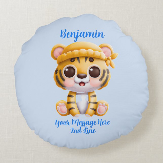 Coussins Ronds Ajouter le nom Texte, Bébé Tigre avec Casquette su (Dos)