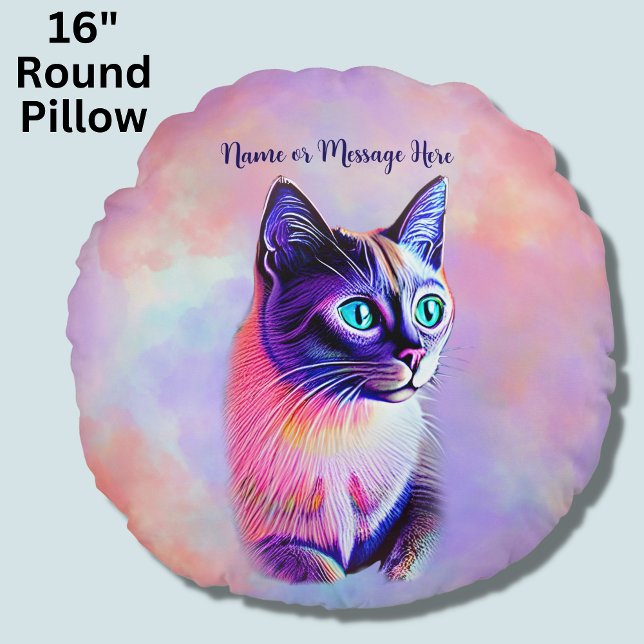 Coussins Ronds Ajouter le nom Texte, Pastels Peint Chat Siamais (Créateur téléchargé)