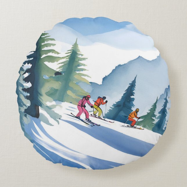 Coussins Ronds Allons Ski | Peinture Aquarelle d'Hiver (Devant)