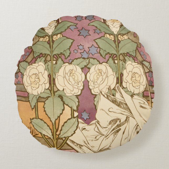 Coussins Ronds Alphonse Mucha Étoiles Élégantes Art Nouveau Camél (Devant)