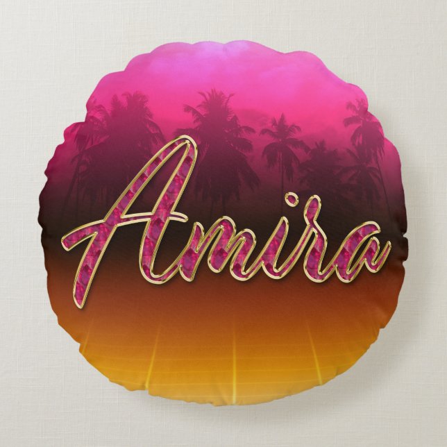 Coussins Ronds Amira prénom nom oreiller rose doré (Devant)