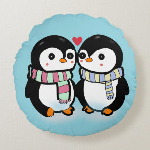 Coussins Ronds Amour de pingouin personnalisé d'hiver