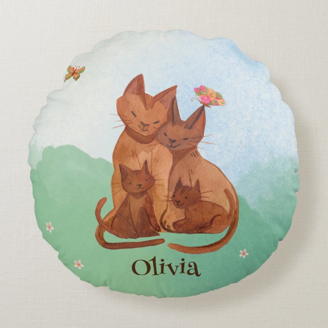 Coussins Ronds Amour Famille de chats (Devant)