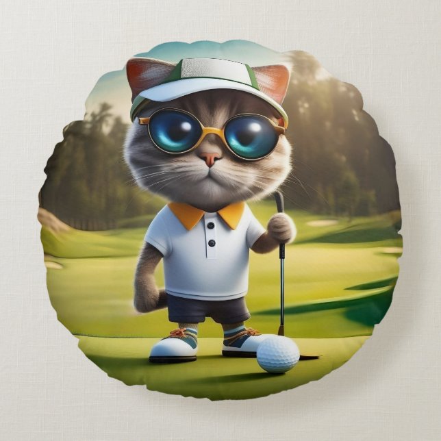 Coussins Ronds Amusant Animé Cat Golf Player, (Devant)