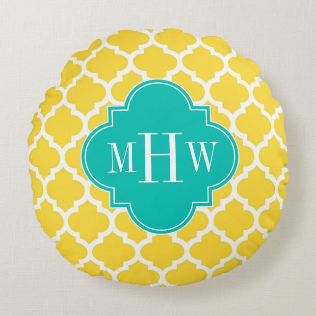 Coussins Ronds Ananas Blanc Marocain #5 Sarcelle 3 Monogramme Ini (Devant)
