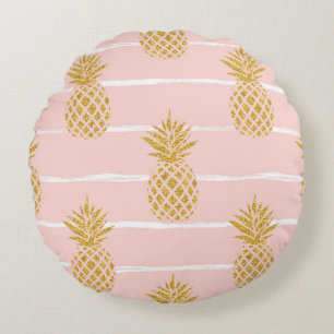 Coussins Ronds Ananas en or, Arrière - plan d'été rayé.