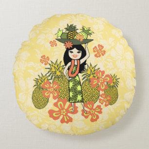 Coussins Ronds Ananas Luau Hawaiian Hula Girl Reversible