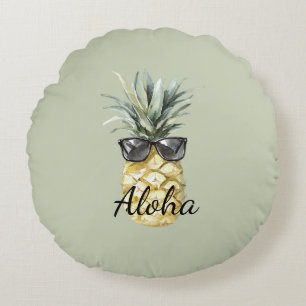 Coussins Ronds Ananas tropical vert Aloha avec lunettes de soleil