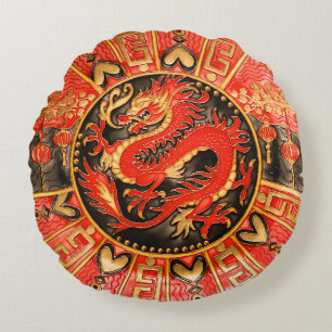 Coussins Ronds Ancien Dragon chinois traditionnel Rouge Or Or